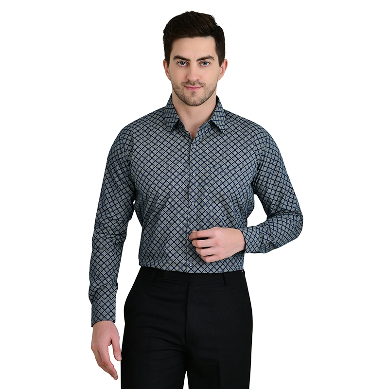 Male model in navy diamond checkered print full-sleeve formal shirt with black trousers - menswear ecommerce photography by Lohar Studio Delhi
